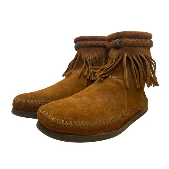 Minnetonka Women’s Dusty Brown Suede Zip Closure Fringe Ankle Boots Size 9 - Picture 3 of 9